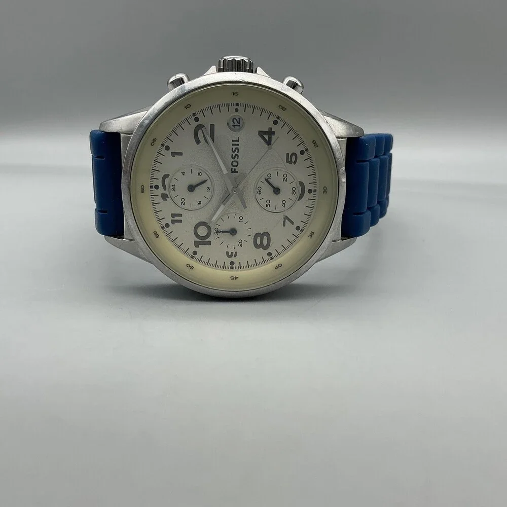 Fossil Maddox CH-2474 Mens Watch 38mm Blue Silicone Chronograph Stainless